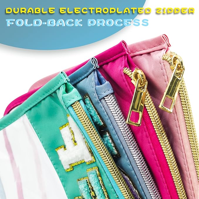 Chenille Letter Clear Travel Zipper Pouch Nylon Makeup Bag, Preppy Makeup Bag Clear Cosmetic Toiletry Bag, Water-proof Makeup Travel Pouch Snack Bags for Women (Blue-Snack)