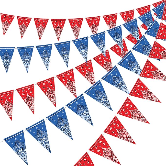 Boao 5 Pack Western Cowboy Party Decorations Bandana Pennant Banner Wild West Decor Western Cowboy Themed Yee Haw Country Party Decoration Supplies 9.8 x 5 ft(Red, Blue Paisley)