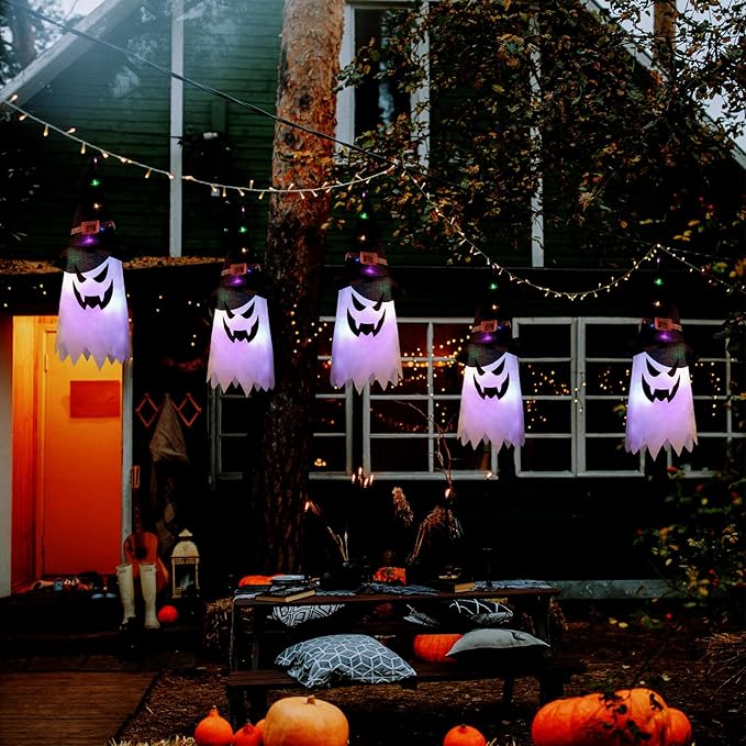 Halloween Decorations Outdoor 3Pcs Large Size Hanging Lighted Glowing Ghost Witch Hat Decor with Lights String for Party Indoor Outside Ornaments and Yard Tree Garden