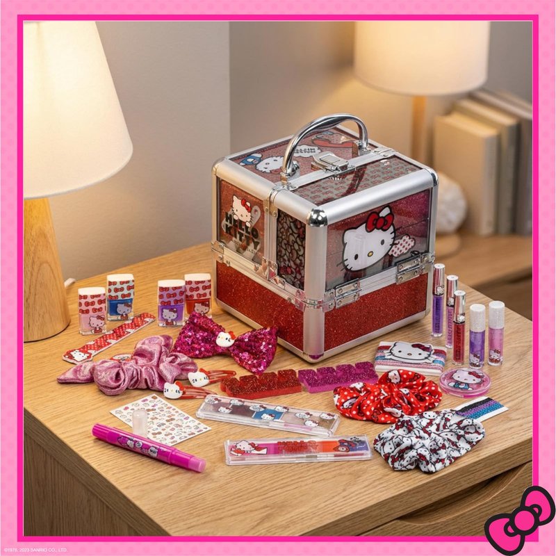 Hello Kitty Train Case Cosmetic Makeup Set Includes Lip Gloss, Eye Shimmer, Nail Polish, Hair Accessories & More! For Girls, Ages 6+ Perfect for Parties & Makeovers by Townley Girl