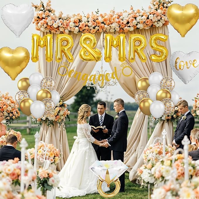 Gold Engagement Party Decorations, MR and MRS Balloons Decor, White Gold Metallic Confetti Balloon, Love Heart and Diamond Ring Foil Balloon with Engaged Banner for Wedding Engagement Party Decoration
