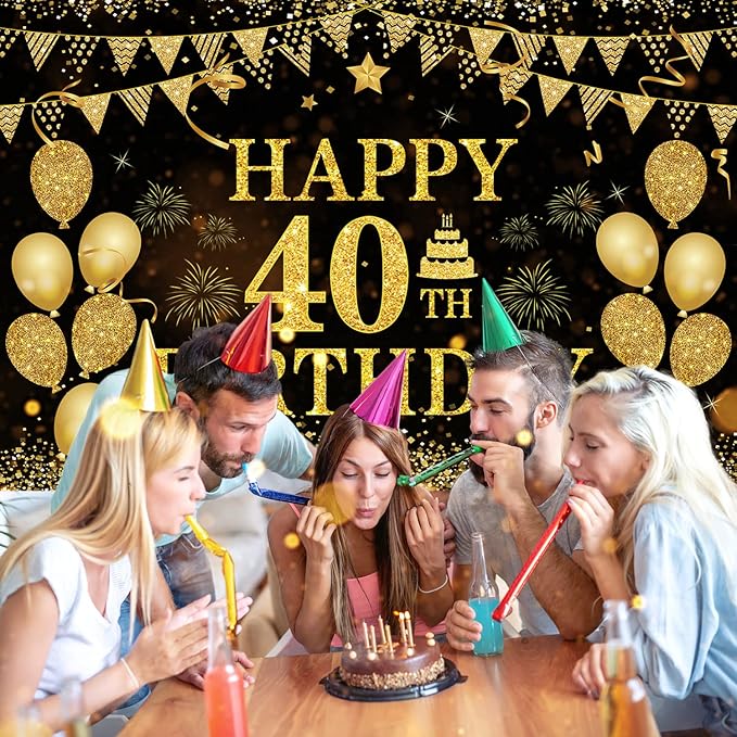 40th Birthday Decorations for Men Women - Happy 40th Birthday Banner Decorations Cheers to 40 Years Birthday Party Suppiles Black Gold Backdrop for 40th Birthday Party Favors Decor (71 x 45 inch)
