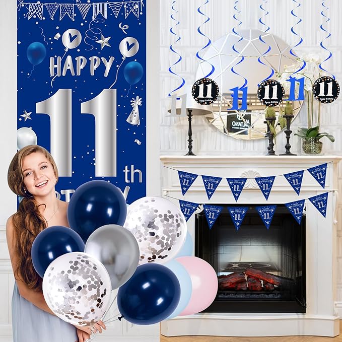 11th Birthday Decorations for Boys Girls, Blue Silver Happy 11th Birthday Decorations Set with 11th Birthday Backdrop Banner Tablecloth Balloons Triangle Flag, 11 Year Old Boy Party Decor Supplies