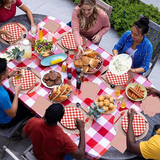 100 Pcs Red White Gingham Party Supplies Set, Serves 25 – Disposable Checkered Paper Plates, Napkins, and Forks, Classic Picnic Themed Tableware for BBQ, Outdoor, Birthday, Holiday Party Decorations