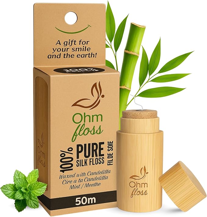 Ohm Earth’s Ohm Floss – Natural Silk Dental Floss with Refillable Bamboo Holder, Naturally Waxed with Candelilla 100% Compostable, 55 yds/50m Spool – Eco-Oral Care, Natural Mint