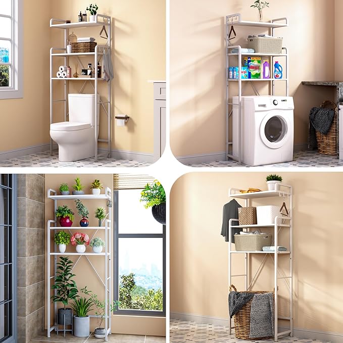 Over The Toilet Storage Rack with 3-Tier Bathroom Shelves, Space Saver Toilet Shelf, Bathroom Storage Organizer with Hooks for Over Toilet Storage and Shelf (White)