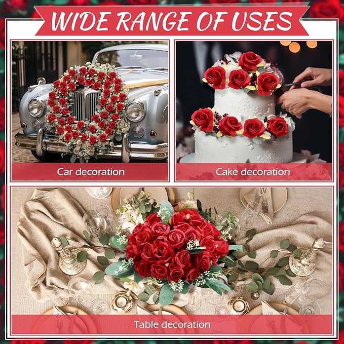 Zeyune 12 Bunches Wedding Bridesmaids Bouquets 144 Heads 7 Inch Artificial Rose Bouquets Silk Fake Flower Bulk with Stems for Valentine's Day Wedding Bridal Shower Home Party Decor(Red)