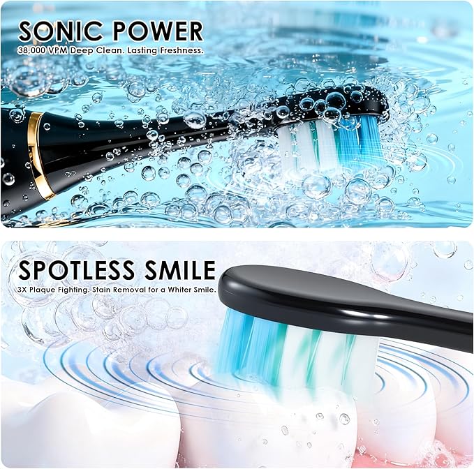 Hooyapik 38000 VPM Sonic Electric Toothbrush Set with 6 Brush Heads-2 Minute Timer-4 Cleaning Settings，IPX7 Waterproof,Lightweight and USB Rechargeable Toothbrush for Oral Care (Black)
