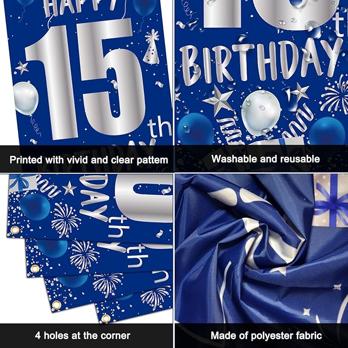 15th Birthday Decorations for Boys Girls, Blue Silver 15th Birthday Decorations Backdrop Banner, Happy 15th Birthday Tablecloth, Number 15 Hanging Swirls, Triangle Flag, 15 Years Old Party Supplies