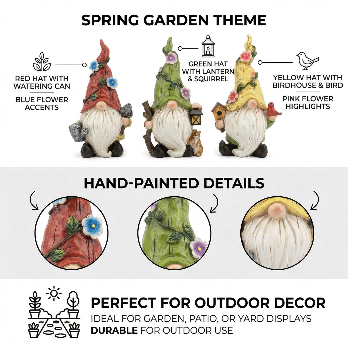 GoGnome 3-Pack Spring Garden Gnome Figurines, 6.5" Resin Decorative Gnomes with Lantern, Birdhouse & Watering Can, Indoor Outdoor Tabletop Home Yard Lawn Decor (Multicolor)