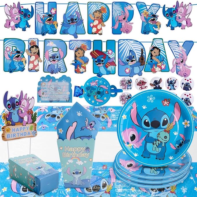Stitch kids Birthday Party Supplies decoration Set – 125PCS, for16 Guests,1Tablecloth,16 Plates,16Napkins, Banner, Stickers, Cake Topper,16 Invitations card with envolopes,16 Blowouts &16Popcorn Boxes