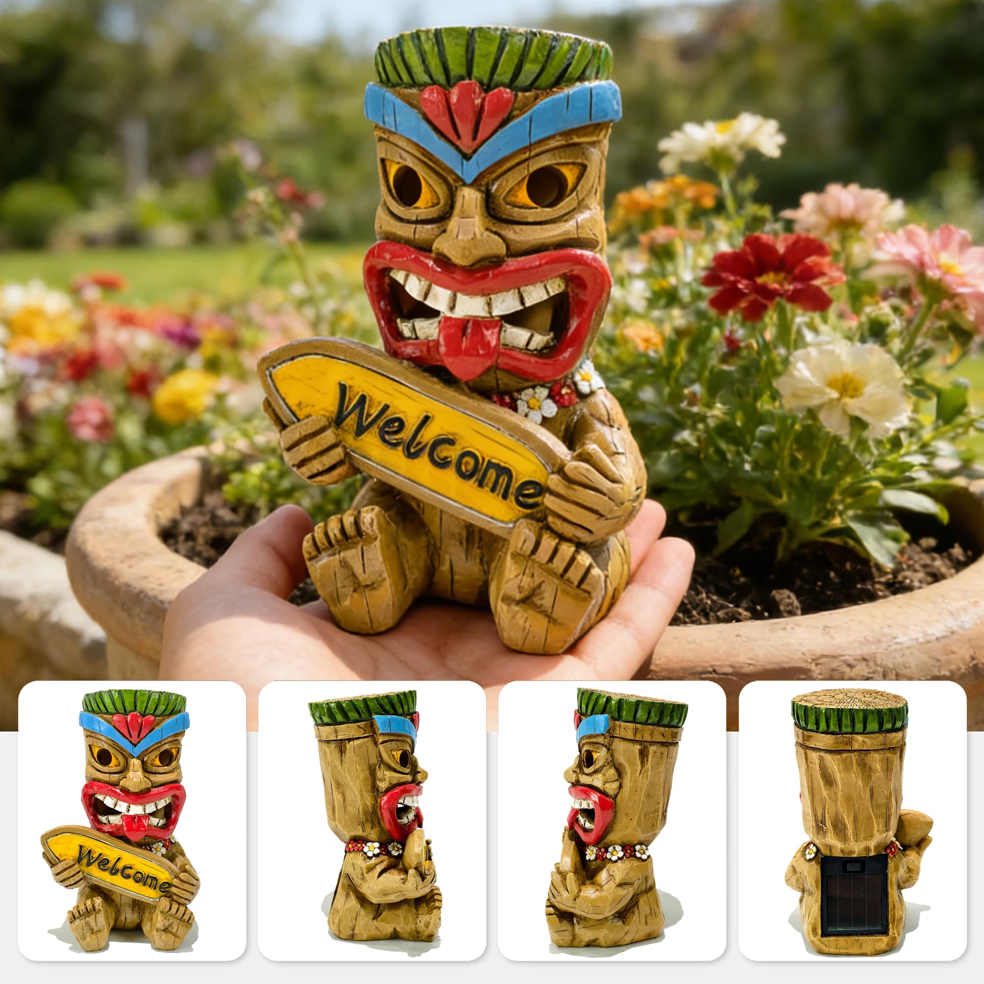 Suyorpe ﻿Miniature Tiki Garden Statue Solar Outdoor Decorations - Tiki Bar Welcome Sign Lights for Patio Yard Lawn Ornaments Gifts for Birthday Housewarming Summer 3.2''(W) x 3.4''(D) x 5.9''(H)