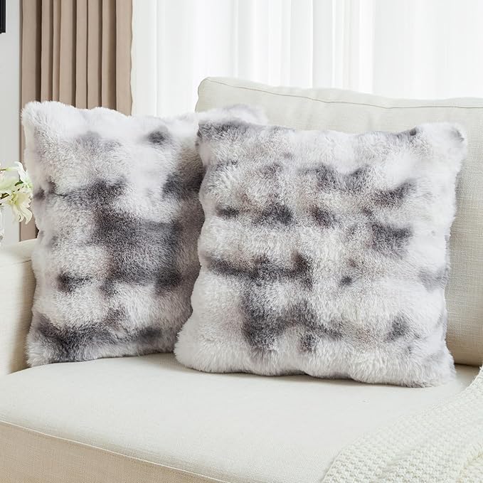 FUTEI Grey White Decorative Throw Pillow Covers 26x26 Inch Set of 2,Soft Fuzzy Faux Rabbit Fur Euro Pillow Shams with Raised Texture,Neutral Boho Home Decor for Couch Bed Living Room