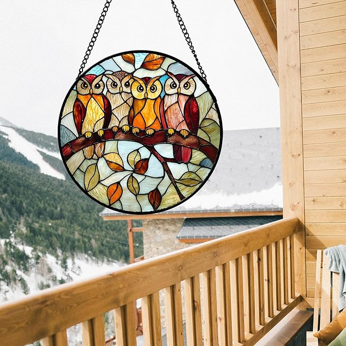 Stained Glass Window Hanging, 4 Owls on a Branch Sun Catcher for Door Home Decor White Brown Bird Suncatcher Christmas Mother's Day Birthday Gifts for Women Men Mom and Nana 11.8 in