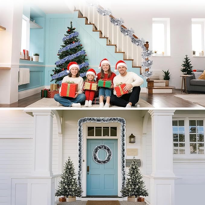 39.5 Ft Christmas Tinsel Garland, Reusable Holiday Metallic Christmas Tree Garland Decoration for Xmas, Wedding, Birthday, Home Party Decor (Blue)