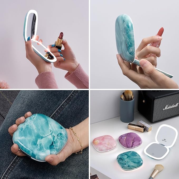 Mocado Compact LED Travel Makeup Mirror - 4 Inches 1X/10X Magnification Travel Mirror with Light Dimmable Double Sides Lighted USB Rechargeable Compact Mirror for Purse,Pocket,Travel(Green Marble)