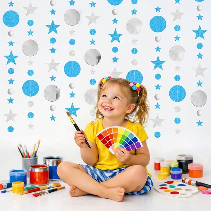 JOYIT 78ft Blue & Silver Glitter Garland – 6 Pack Twinkle Star & Circle Party Decorations for Birthday, Baby Shower, Wedding, Graduation, Space Themed Events & Holiday Backdrops (Star & Circle)