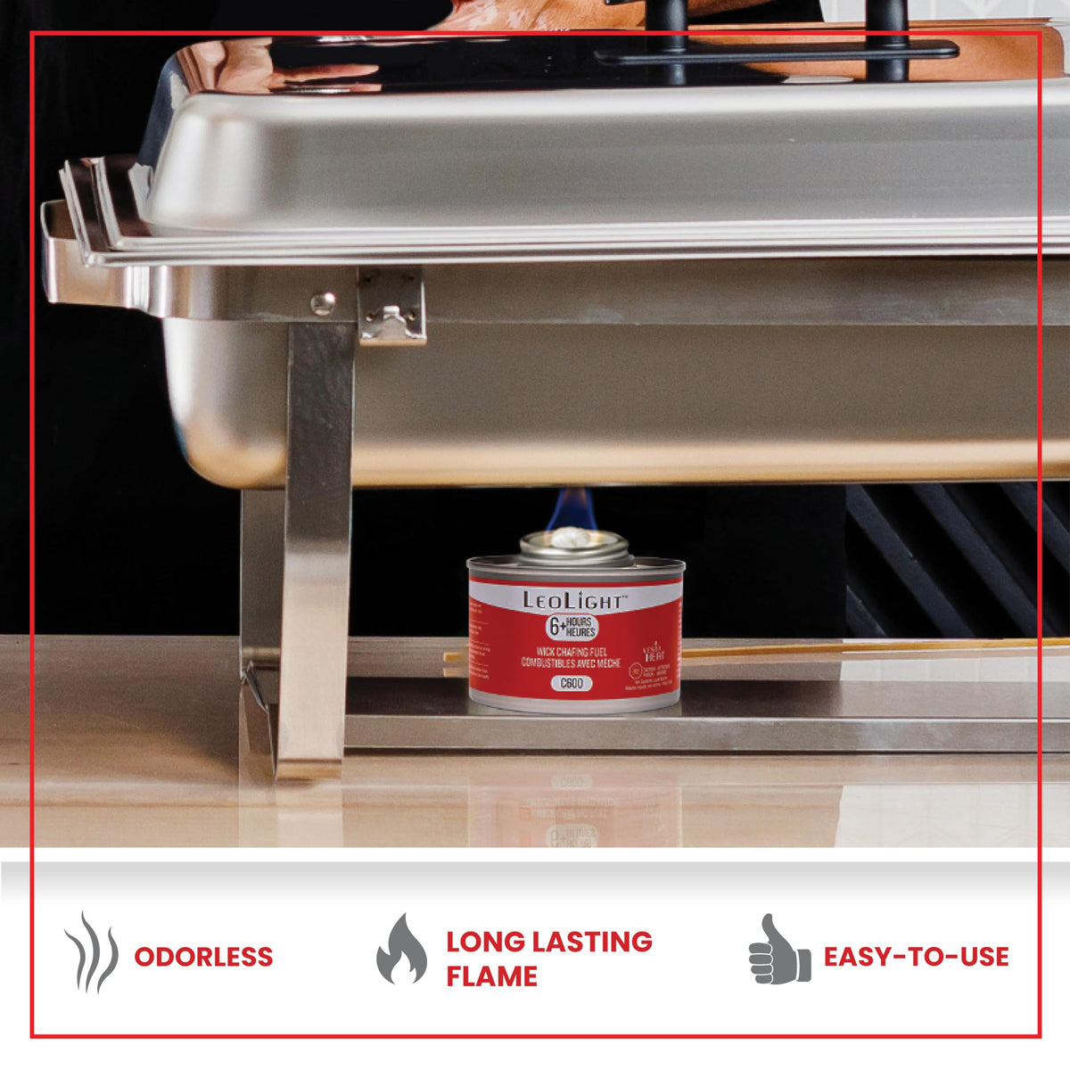 6 Pack Chafing Fuel 6 Hour Burn – Odorless, Smokeless & Spill-Proof Wick, 7oz Food Warmer Fuel for Chafing Dish Buffet Set & Catering Use, LeoLight