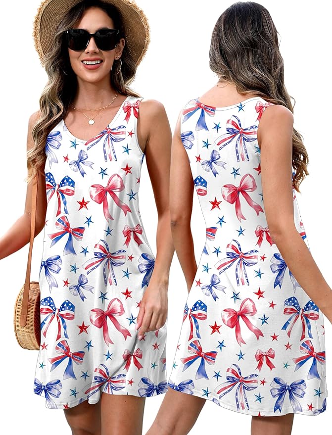 LHBNK 4th of July Dress for Women: American Flag Tank Dresses Star Striped Splicing Loose V Neck Sundresses