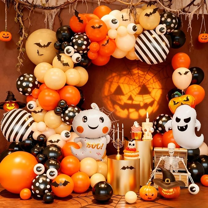 Orange Halloween Balloon Arch Garland, Orange Sand White Party Balloons with Ghost 18-In Strip Foil Balloon Eyeball Balloons Apricot Black Dot Latex Balloon Bat Sticker for Halloween Party Supplies