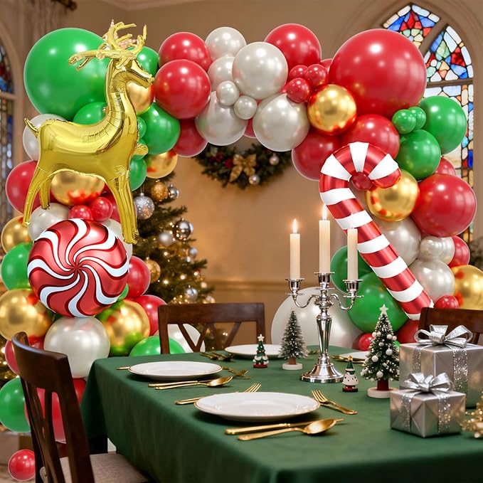 Christmas Balloon Arch Kit, Christma Green Red Sand White Gold Balloons, Candy Crutch Deer Foil Ballons for MerryChristmas Party Decorations Xmas Party Supply Birthday,Baby Shower