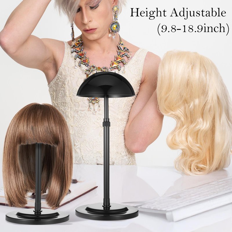 MAQUITA 6PC Wig Stand Base Adjustable Height (9.8"-18.9") Wig Head Stands Portable Non-Slip Sturdy Wig Holder Stands Travel Wig Stand for All Wigs - Black