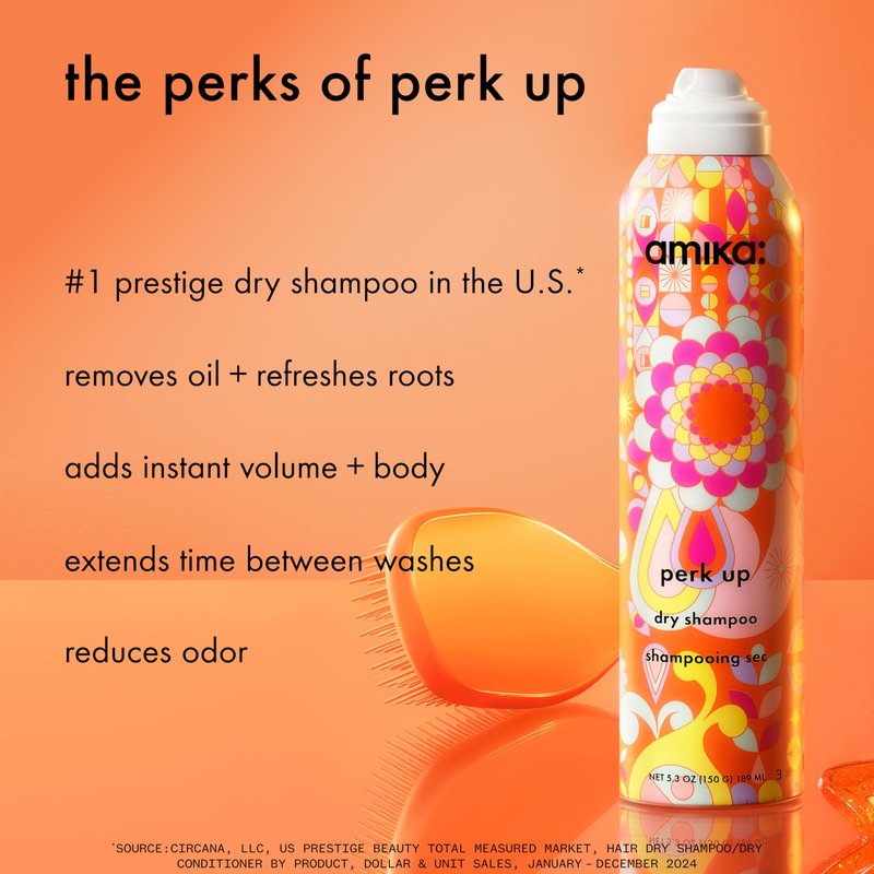 amika perk up talc-free dry shampoo, 2.5oz | refreshes roots with a voluminous ‘oomph’ between washes, no white residue, absorbs oil + reduces odor, for all hair types