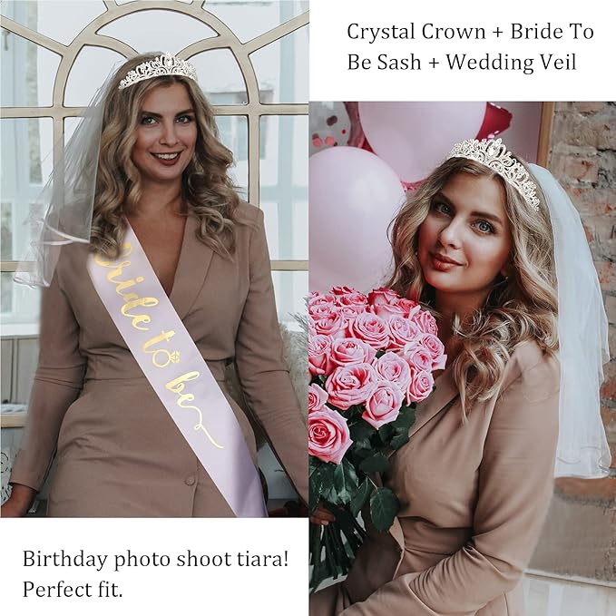 CIEHER 3 Pack Bachelorette Party Decorations - Crystal Crown, Bride To Be Sash & Wedding Veil for Bachelorette Party Favors Bridal Shower Gifts for Bride