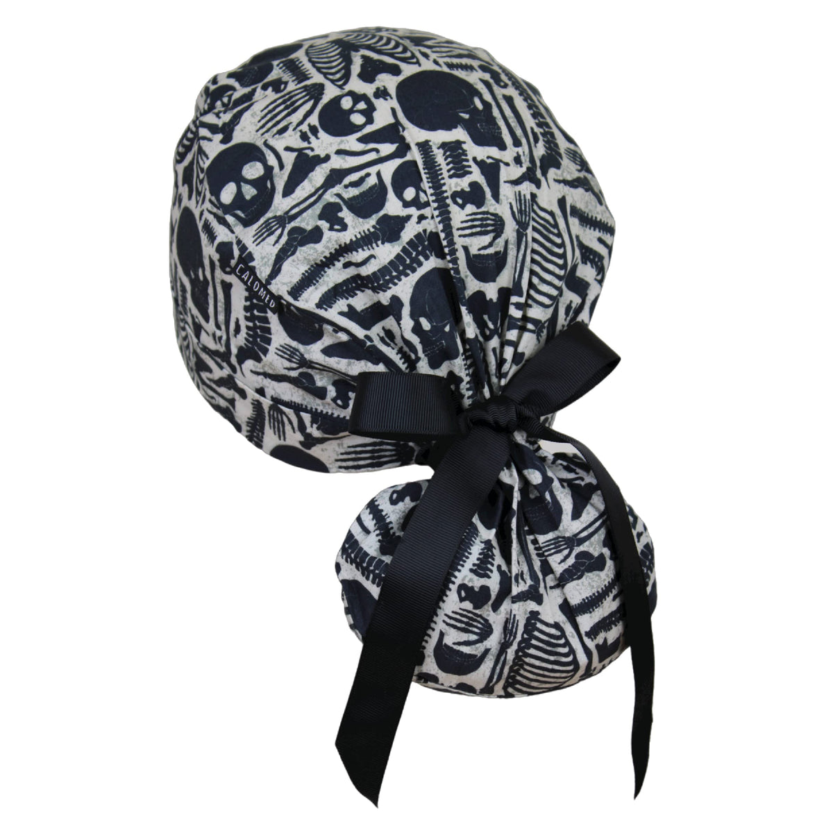 CALOMED Scrub Cap for Women and Men, Ponytail Scrub Caps, Working Hat, Head Cover with Ribbon Ties and Buttons, Long Hair (Vintage Skeleton)