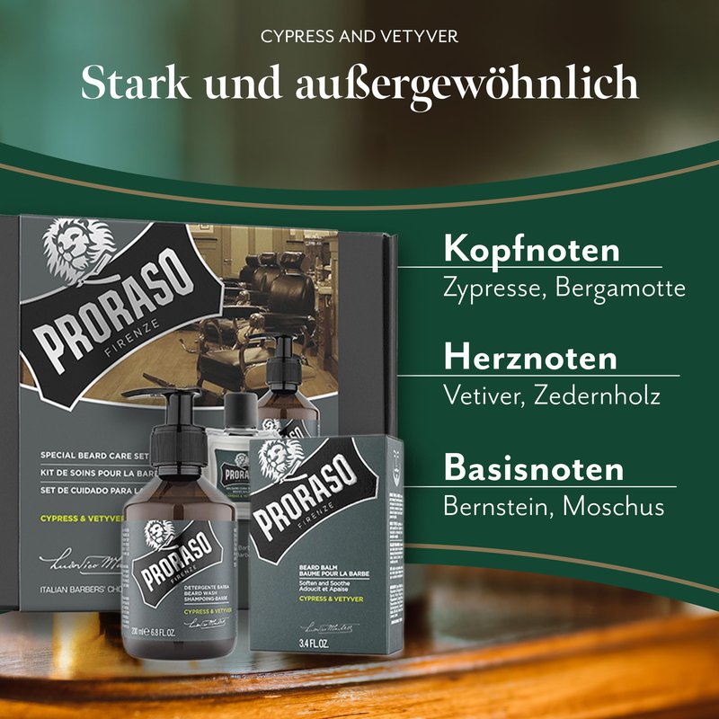 Proraso Cypress and Vetyver Beard Care Duo Kit - Beard Wash and Balm with Fresh, Citrus Earthy for New or Short Beards - Premium Italian Gift Set for Men