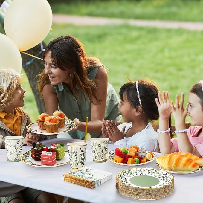 Yungyan 108 Pcs 36 Guests Greenery Plates and Napkins Party Supplies Sage Green and Gold Scalloped Disposable Eucalyptus Paper 6" Plates, Napkins and 9 oz Cups Set for Baby Shower Wedding Decoration