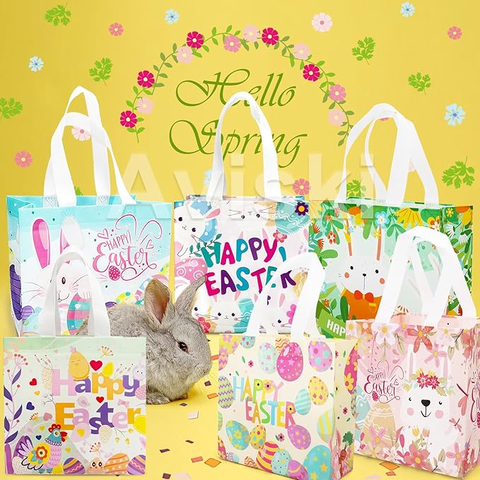 Aviski 24PCS Happy Easter Egg Hunt Bags, Assorted Sizes, Easter Bunny Carrot Chick Egg Treat Bag with Handles, Non-Woven Gifts Wrapping, Egg Hunt, Spring Party Supplies