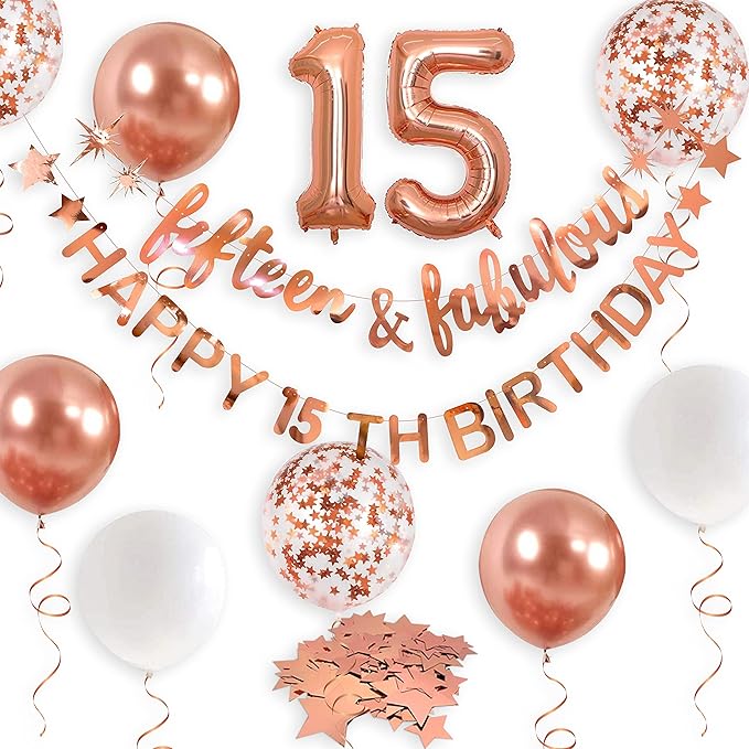 Fifteen & Fabulous Rose Gold 15th Birthday Banner, Garland, Foil Balloon, Decorations, Hanging, Cheers to 15 Years Old Party Supplies Backdrop