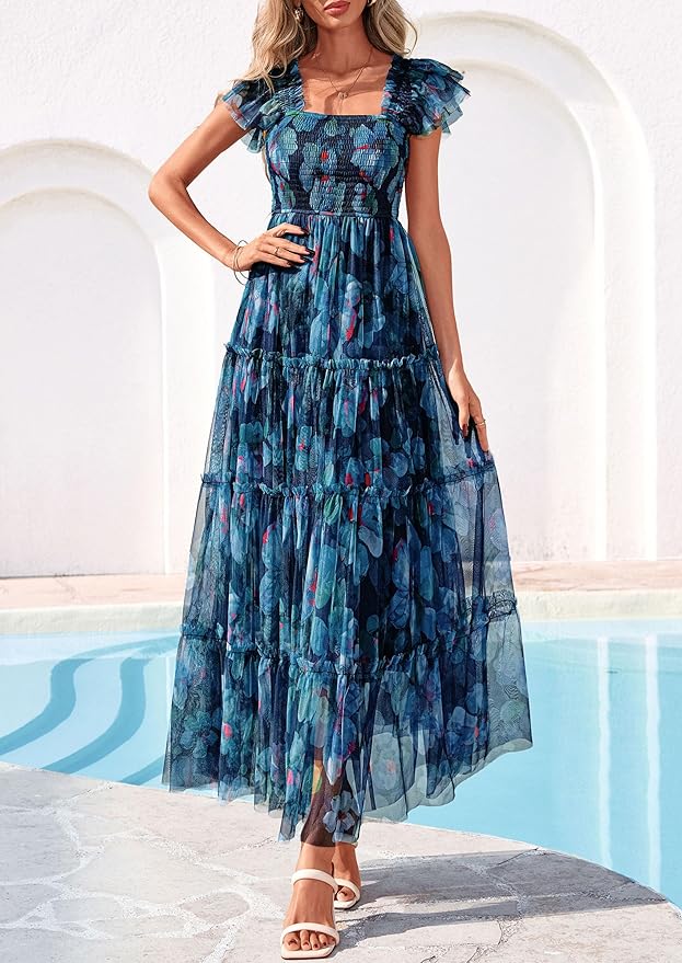 PRETTYGARDEN Women's Summer Tulle Midi Dress Sleeveless Smocked Ruffle Flowy Mesh Dresses Party Wedding Guest Sundress