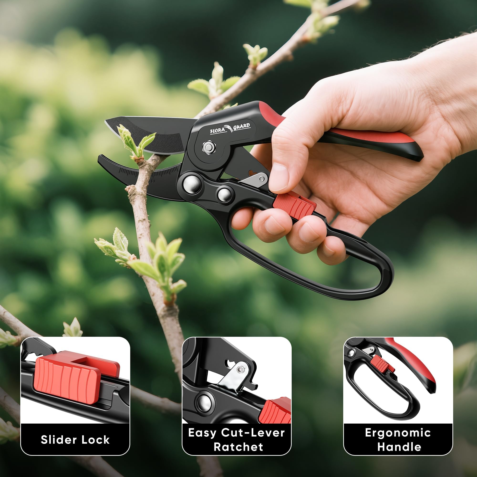 FLORA GUARD Ratchet Pruning Shears with SK5 Steel Blade, 3-Step Ratchet