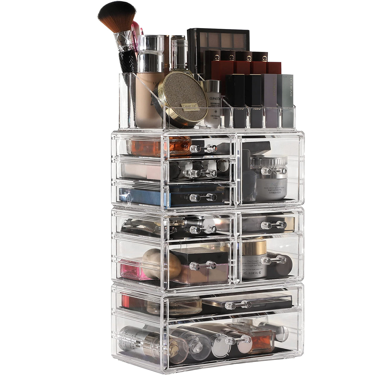 Cq acrylic 4 Pack Clear Make up Organizer Countertop,Stackable 10 Drawers Makeup Storage,Cute Vanity Organizers for dresser Hair Clip,Jewelry,Beauty Product Desk and Bathroom Organizers and Storage