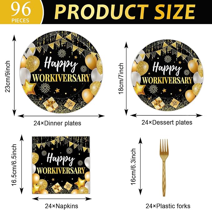 96Pcs Happy Work Anniversary Party Supplies Black Gold Happy Workiversary Tableware Dinnerware Set Worker Appreciation Plates Napkins Decorations for Women Men Office Employee Worker