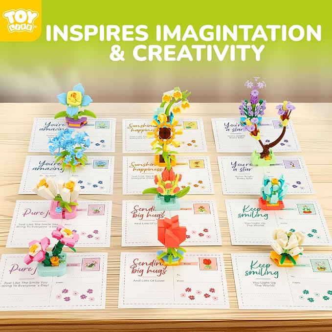 TOY Life 36 Pack Party Favors for Kids, Tiny Plants Mini Flowers Building Blocks Set for Classroom Prize, Flowers Botanical Succulents Building Toy with Cards, Easter Basket Stuffers for Boys Girls 6+