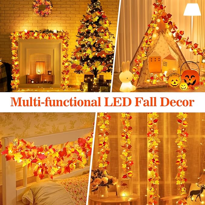 23.6Ft Thanksgiving Decorations Fall Decor for Home Lighted Fall Garland Maple Leaves Total 80 LED Fall Decorations for Home Halloween Decorations Outdoor String Lights for Autumn Decor Harvest