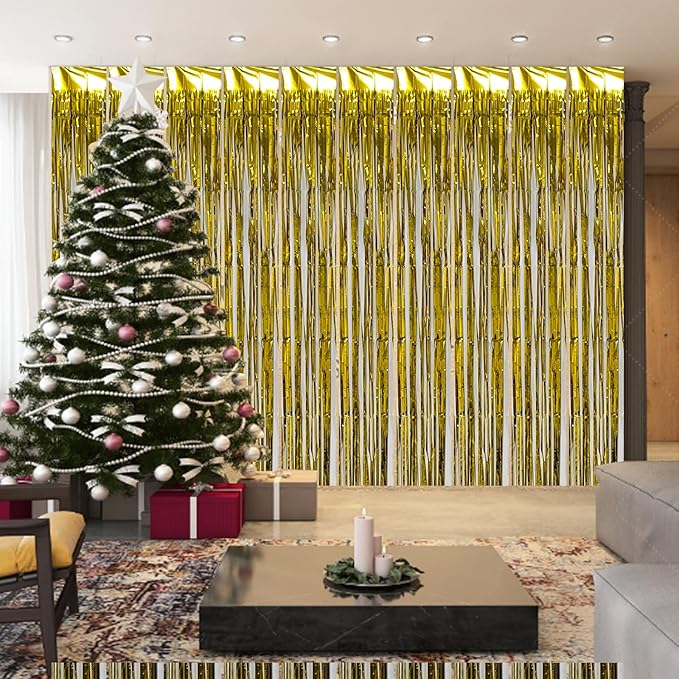 5 Pck Golden Foil Curtain Backdrop Metallic Tinsel Foil Fringe Curtains Photo Booth Props for Birthday Wedding Engagement Bachelorette Christmas Holiday Celebration Party Decorations Supplies