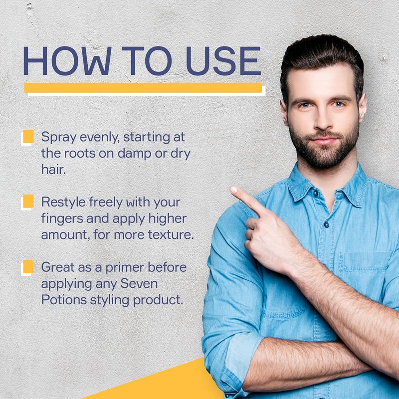 SEVEN POTIONS Salt Spray for Men — Hair Texture Spray with Matte Finish & Grit — Volumizing Pre-Styler for Beach Waves — Water-Based, Quick-Dry, Non-Sticky — Vegan, Cruelty-Free — 6.8 fl oz