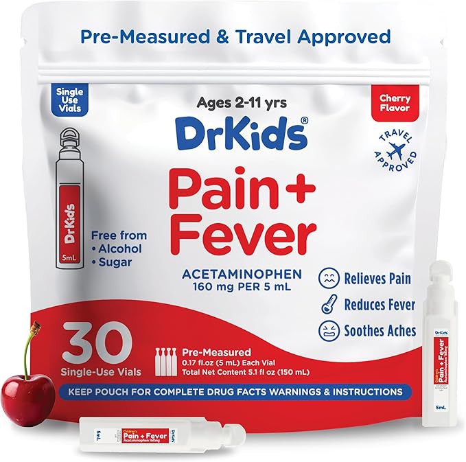 Dr. Kids Children’s Pain and Fever Medicine - Acetaminophen for Kids Ages 2-11, Pre-Measured Single-Use Vials for Headache, Sore Throat, Cold and Flu, Cherry Flavor, 30 Count (Pack of 1)