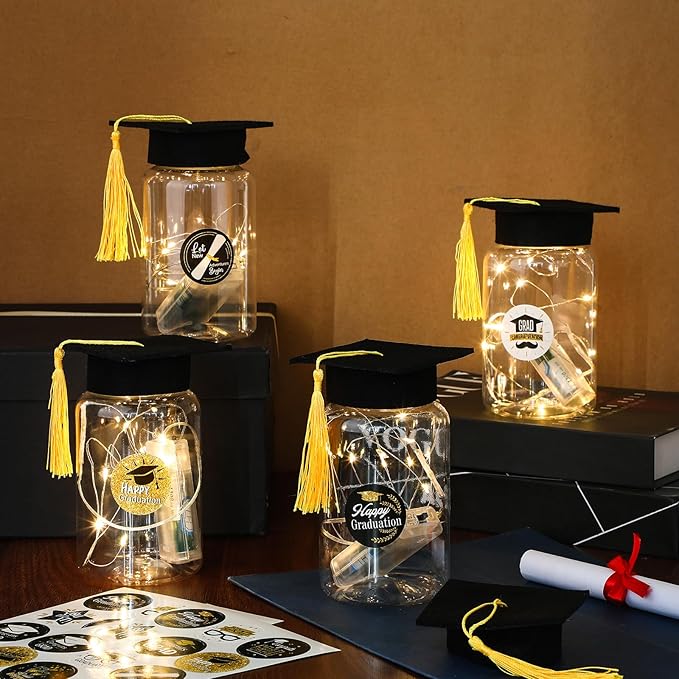 Boao 16 Sets Graduation Table Decoration Set with LED Light up Graduation Decorations for Class of 2026, Grad Jar, Felt Grad Hat and Stickers for High School College(Black,Vivid)