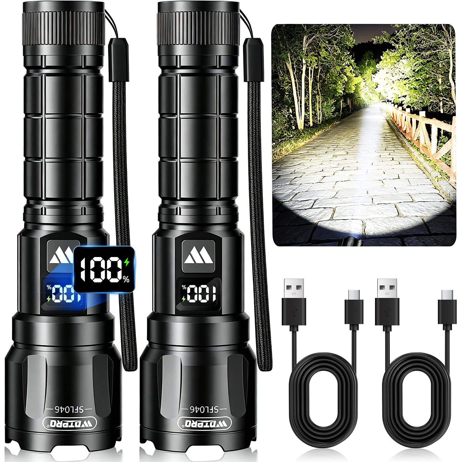 WdtPro Rechargeable Flashlights 2 Pack, Super Bright LED High Lumens Tactical Flash Light with LCD Battery Display, Zoomable 3 Modes, Powerful Handheld Flashlights for Home Emergencies Camping Outdoor