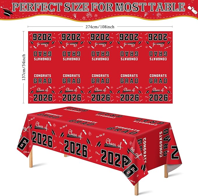 OHOME Graduation Decorations 2026 - Graduation Decorations Class of 2026 - Disposable Plastic Red Tablecloth for Class of 2026 Decorations Party Favors Supplies Backdrop,54" X 108",2 Pack