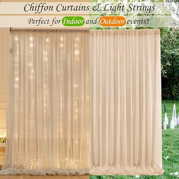 10ft x 7ft Champagne Chiffon Backdrop Curtain with Lights String for Parites Wedding Wrinkle Free Curtain Photo Backdrops Drapes for Baby Shower Birthday Party Home Decorations