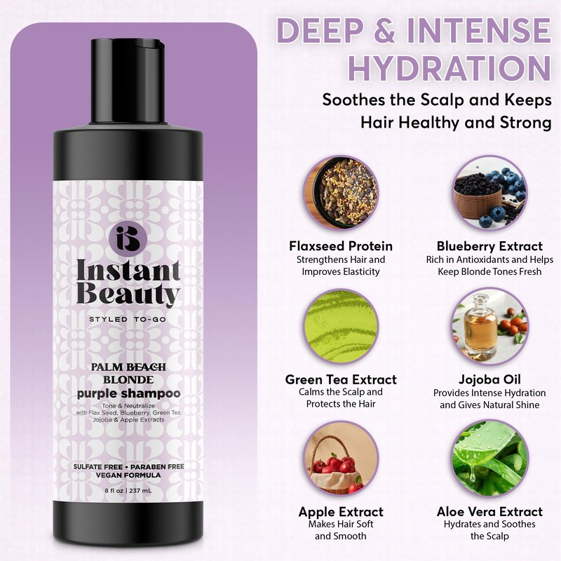 Instant Beauty, Palm Bleach Blonde Purple Shampoo, Sulfate-Free, Color Depositing for Blonde and Gray Hair