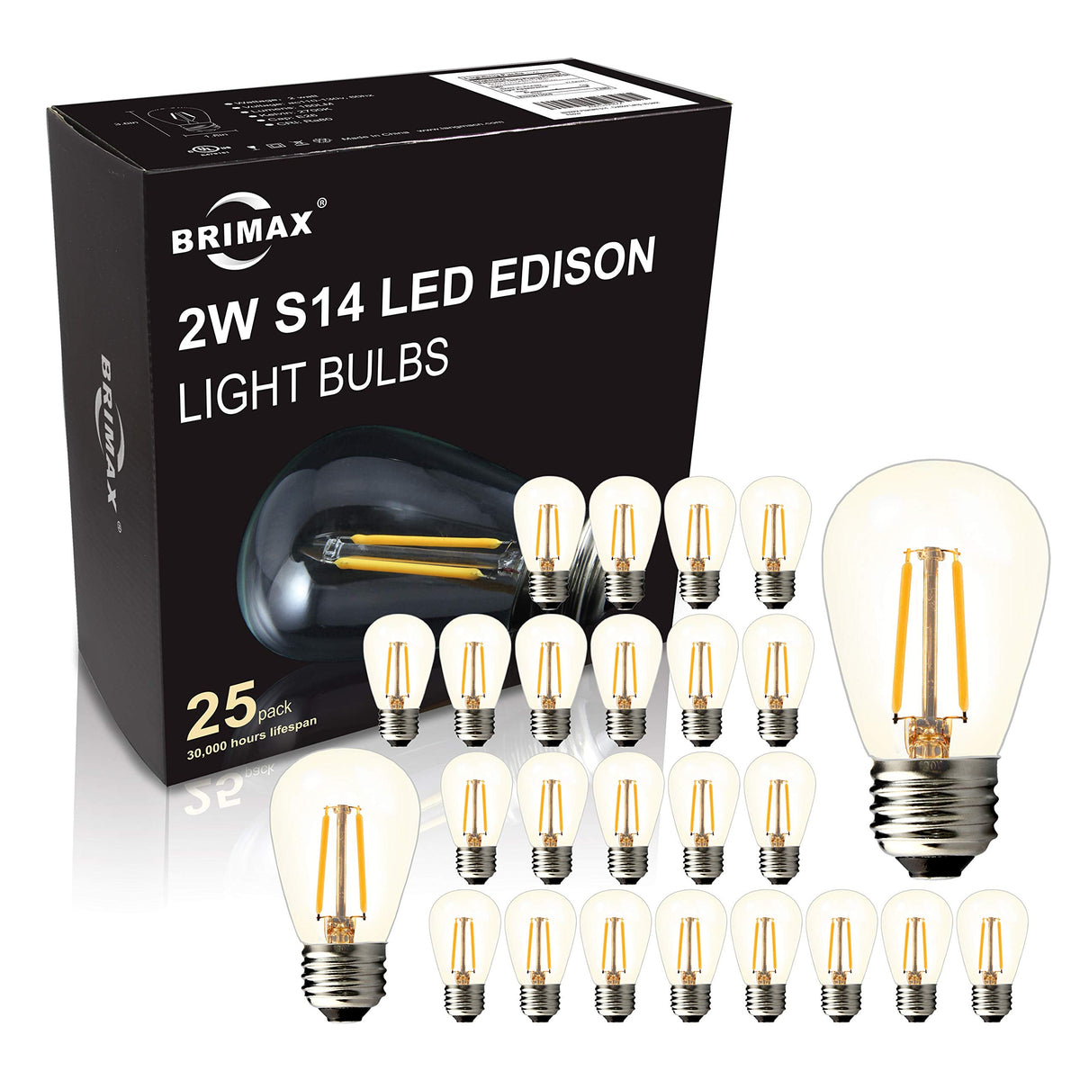 BRIMAX 25 Pack 2W S14 Replacement LED Bulbs,2700K Soft Warm White, Shatterproof Waterproof Outdoor String Light Bulbs Dimmable,E26 Medium Base,Plastic Edison Bulbs for Patio Garden