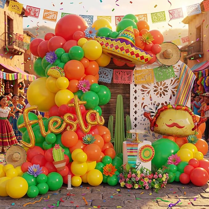 Mexican Fiesta Balloon Arch Kit,Cinco De Mayo Party Decorations,Giant Fiesta Letter Straw Hat Taco Foil Balloons Rainbow Balloon Arch Kit for Carnival Birthday Party Tropical Decoration