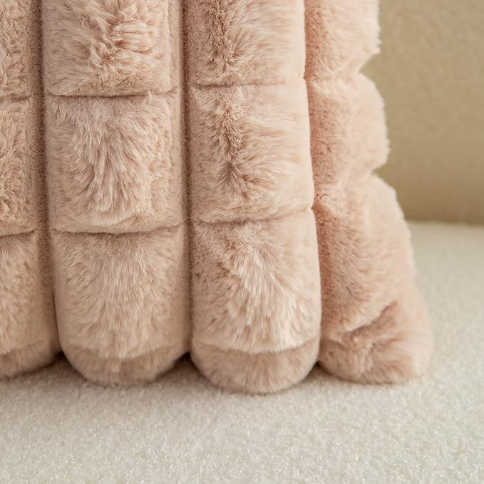 Neelvin Camel Faux Fur Cozy Soft Plaid Decorative Throw Pillow Covers 16x16 inch Set of 2,Velvet Pillowcase Cushion Case for Sofa Couch